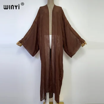 WINYI Solid color hollow design Beach Wear Swim Suit Elegant Africa Women Boho Cardigan Sexy Holiday Long Sleeve Kimono Dress 1