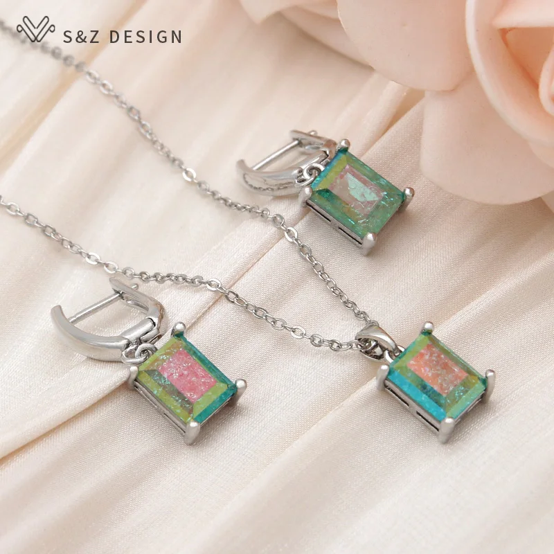 S&Z DESIGN New Fashion Rectangle Ice Crack Crystal Dangle Earrings Jewelry Sets For Women Pendant Necklace 585 Rose Gold Color