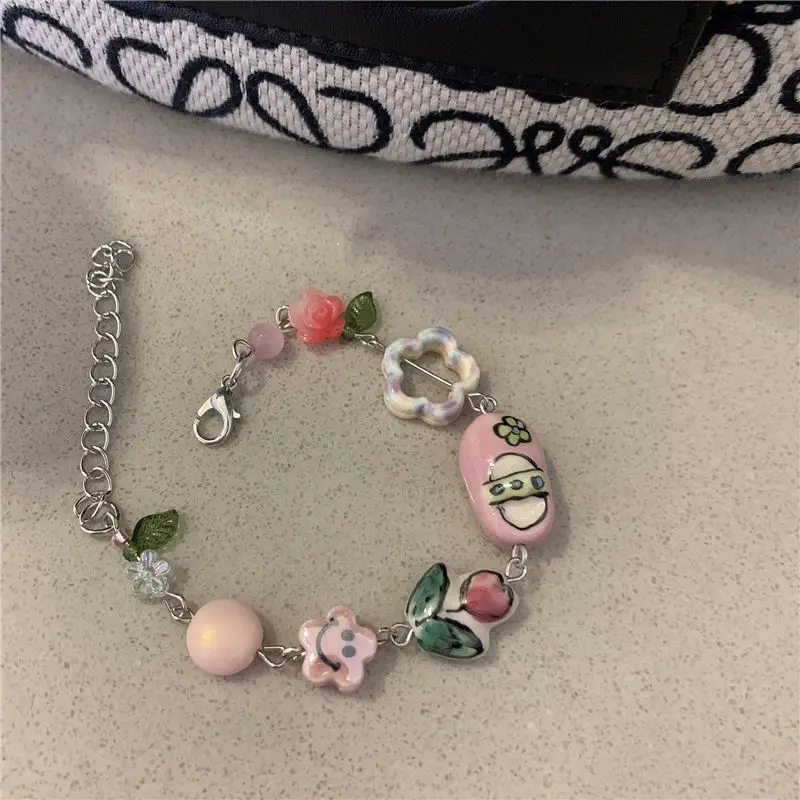 

Ceramics Bead String Bracelet Pink Tulip Sweet Lovely Flower Smiling Face Bracelet Girl's Heart Hand Drawn Colour Gifts for Girl