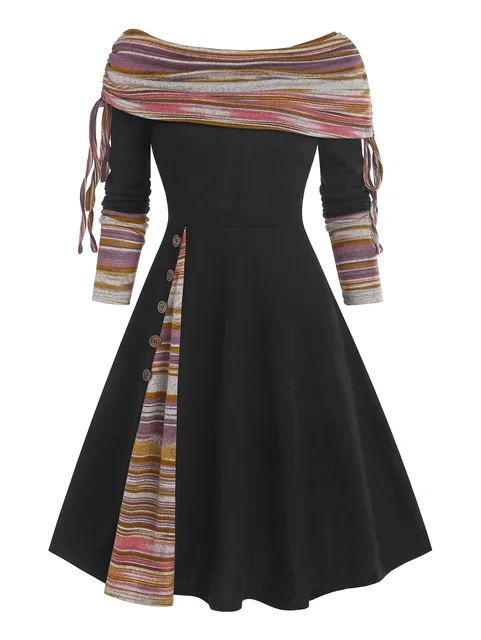 컨버터블 신치 스트라이프 플레어 드레스 폴드오버 오프 숄더 니트 드레스