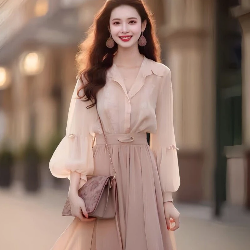Spring Autumn Fashion Two Pieces Set Women Single-Breasted Lantern Sleeve Shirt Tops + High Waist A Line Midi Skirt Suits