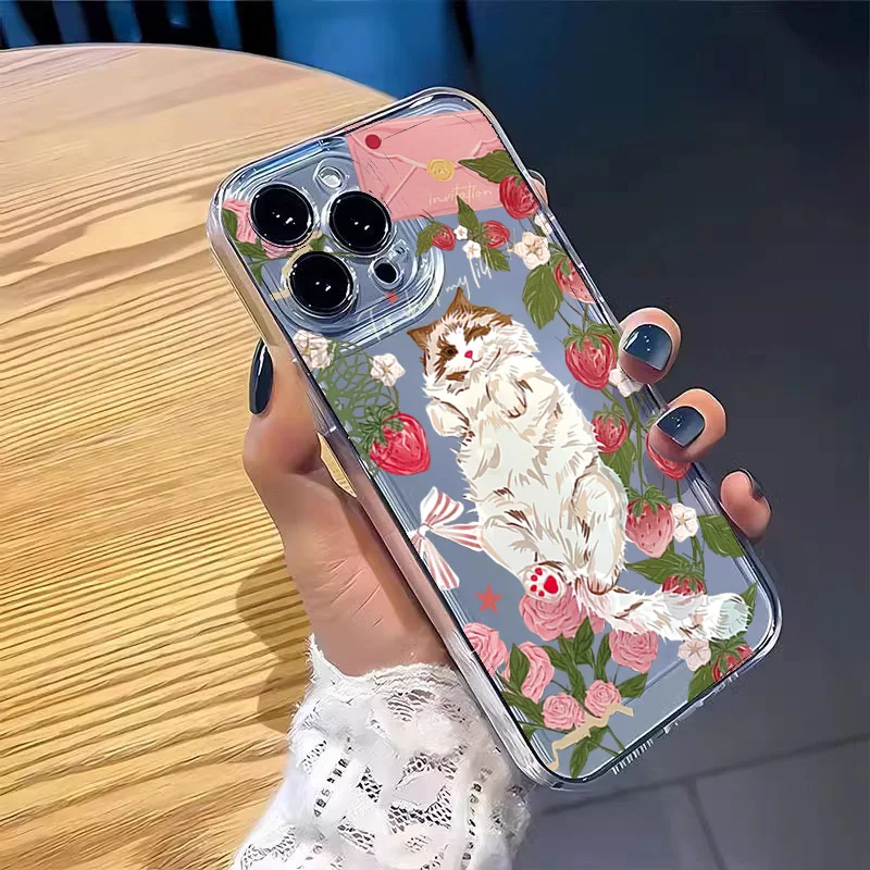 Korean Painted Cat Strawberry Case - Artistic Design Protective Phone Cover