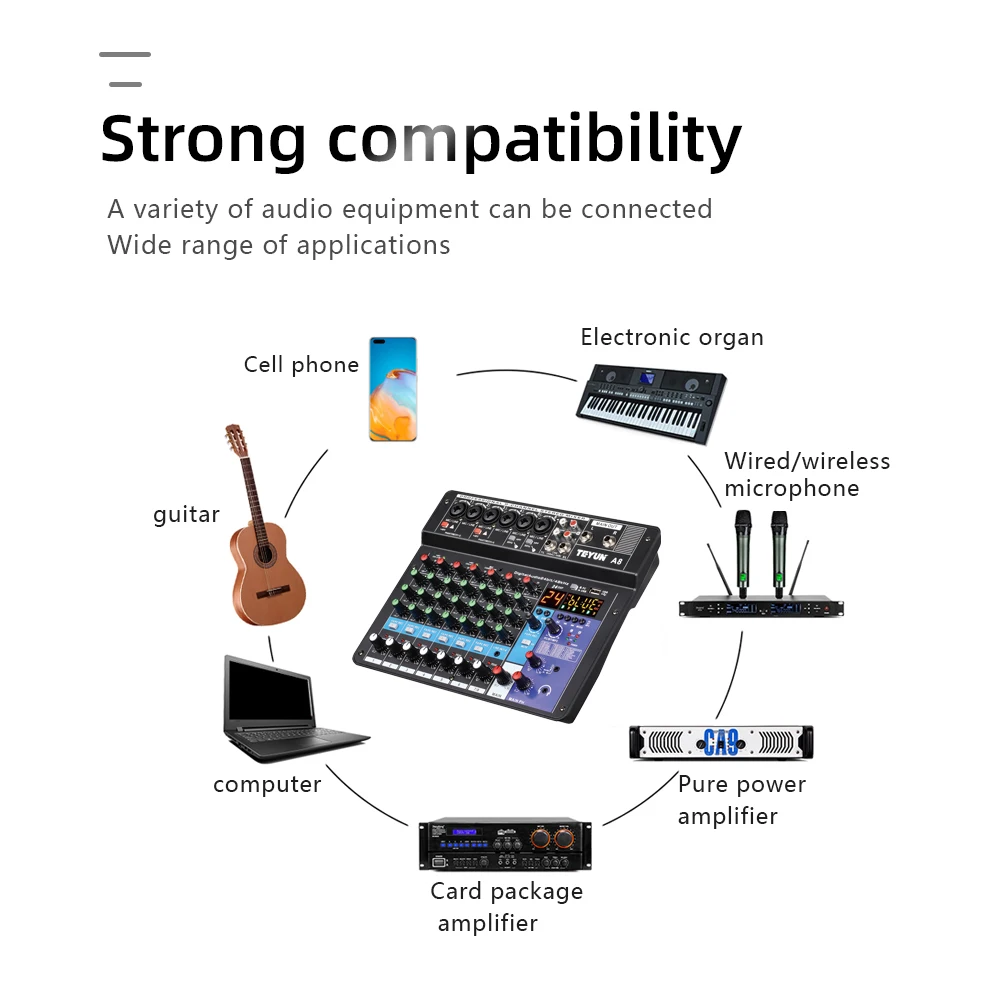 8 6 Channel Professional Mixing Console Soundcard USB Play Record DJ Audio Mixer