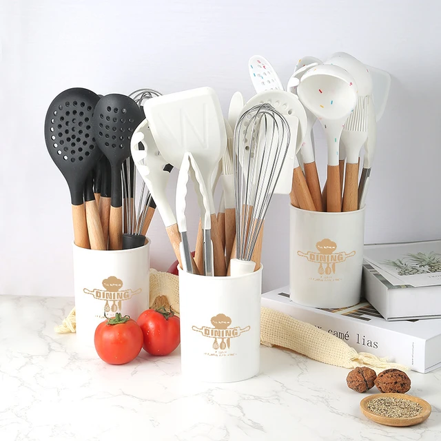 New Milk White Wood Handle Silicone Kitchenware Set of 10 Pieces