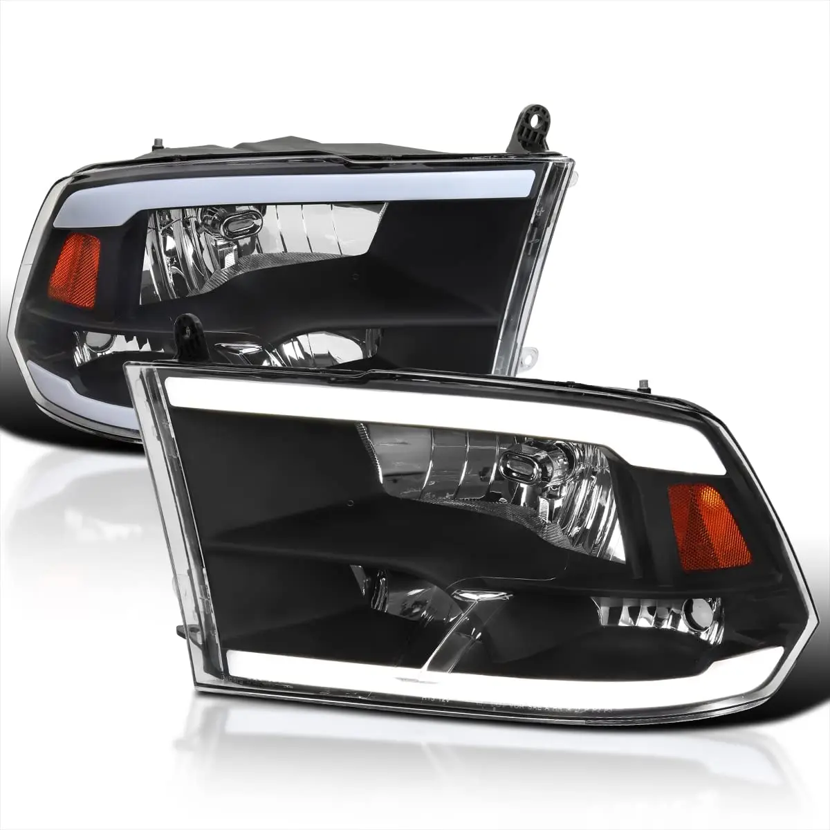 

Black Headlights w/LED Strips Bar Compatible with Dodge Ram 1500 2500 3500 Quad Style 2009-2018