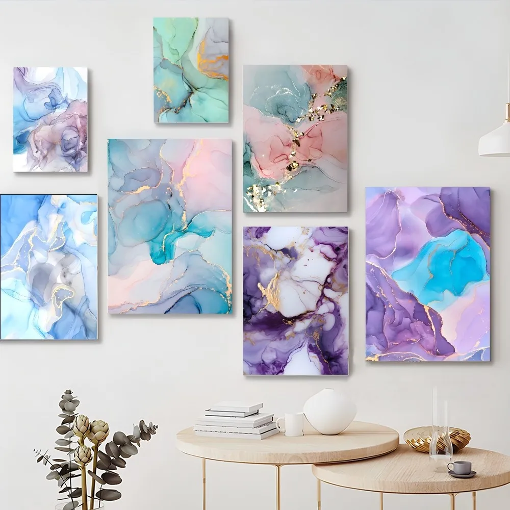 

Modern Abstract Fashion Watercolor Marble Poster Self-adhesive Art Poster Retro Kraft Paper Sticker DIY Room Vintage Decorative
