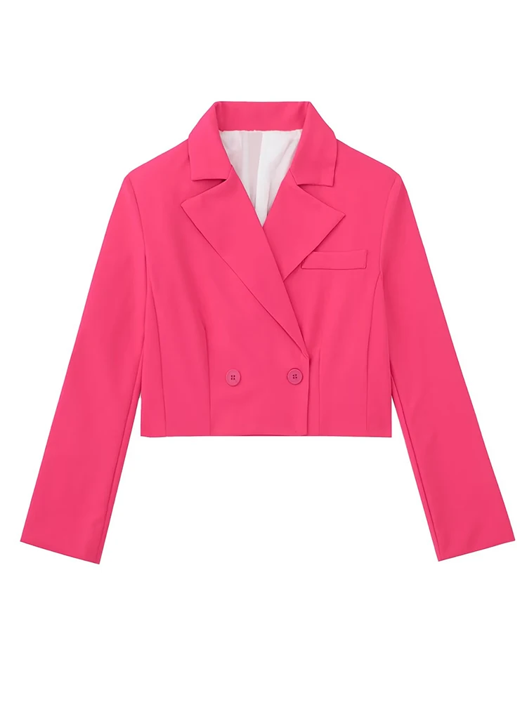 YENKYE  Women Double Breasted Hot Pink Crop Blazer Coat Vintage Long Sleeve Female Outerwear Chic Tops