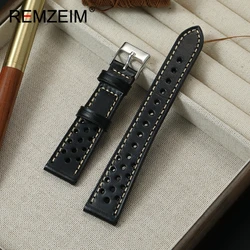 Vintage Handmade Sport Leather Watch Band - Universal Breathable Cowhide Wrist Strap - 22mm (Black)