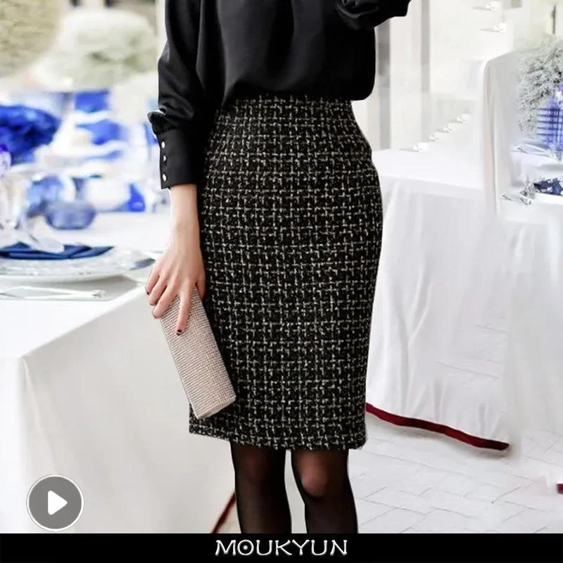 Autumn High Waist Plaid Pleated A-Line Elegant Ladies Office Work Wear Woolen Long Midi Skirts