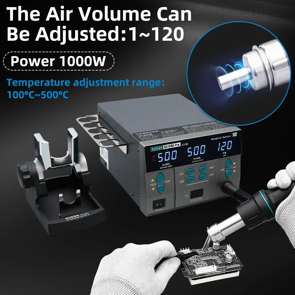 SUGON 8610DX Pro 1000W Hot Air Rework Station Microcomputer Digital Display BGA Rework Station Curved Nozzle Welding Repair Tool 4