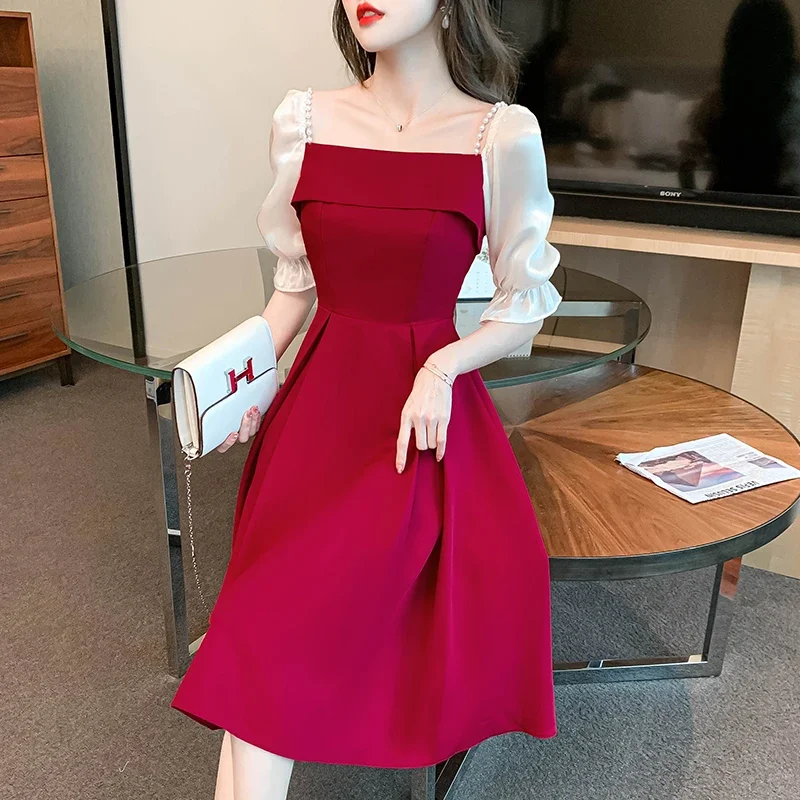 

Женское винтажное платье средней длины, красное платье составного кроя с рукавами-фонариками и вырезом лодочкой, модель H80 на лето, 2024