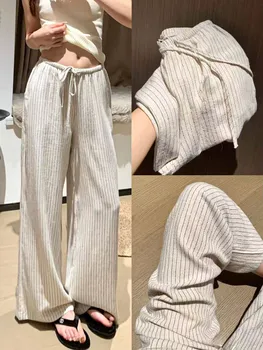 Casual Ice Silk Linen Stripe Wide Leg Pants Women Summer Thin plus Size Loose Drapey Small Cotton Linen Pants High Waist Stra...