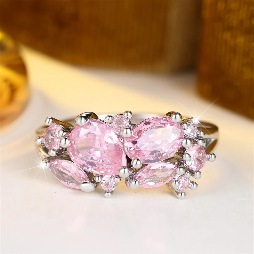 Pink Crystal Zircon Water Drop Stone Rings For Women Vintage Silver Color Engagement Ring Wedding Jewelry Bridal Versatile Gifts