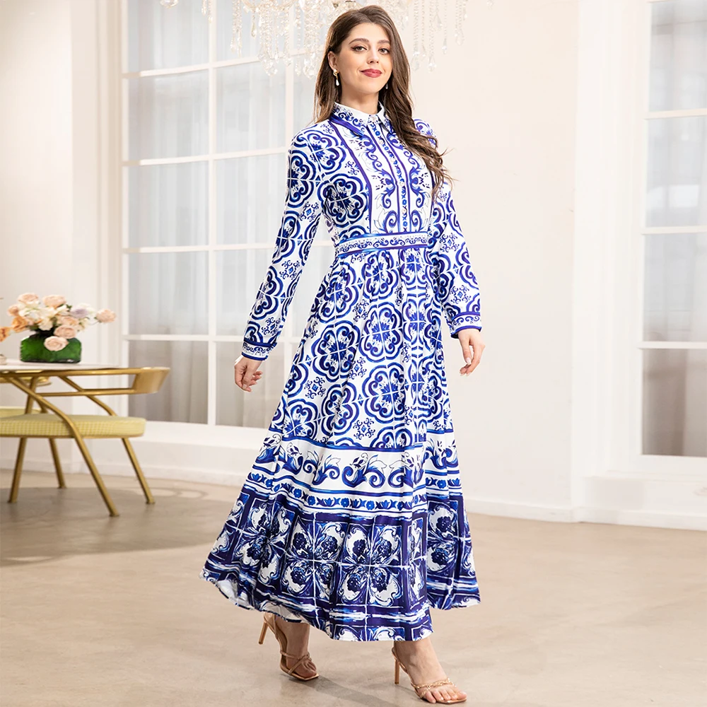 Fridayin Muslim Ramadan Elegant Lapel Blue Blue and White Porcelain Printed Strappy Shirt Sleeves Fashionable Arabic Long Dress