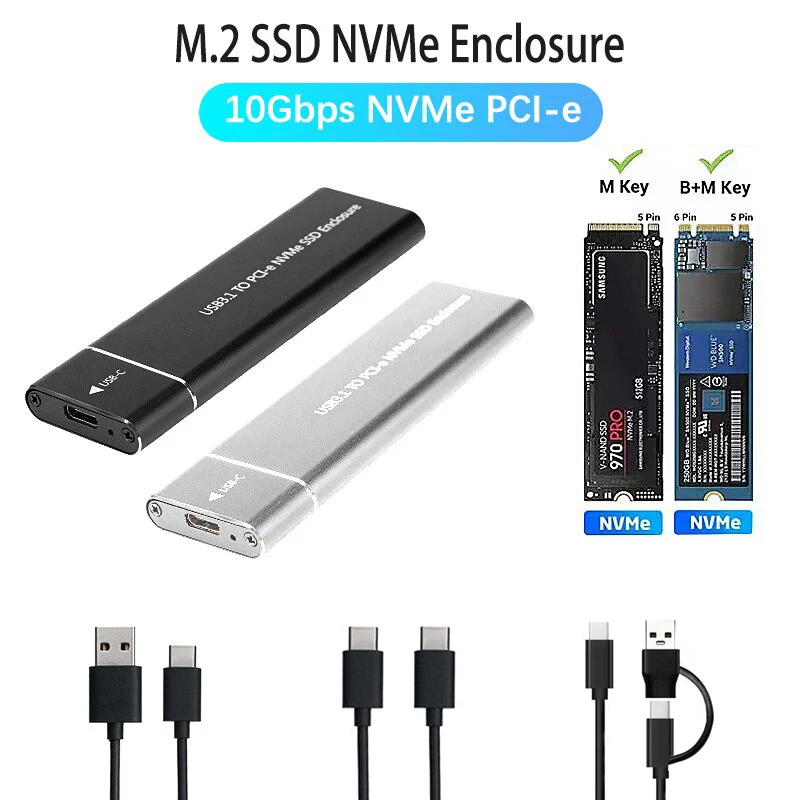 External Hard Drive Case USB3.1 M.2 SSD Enclosure Supports NVME Protocol To Type-C Solid Metal for Laptop Phone