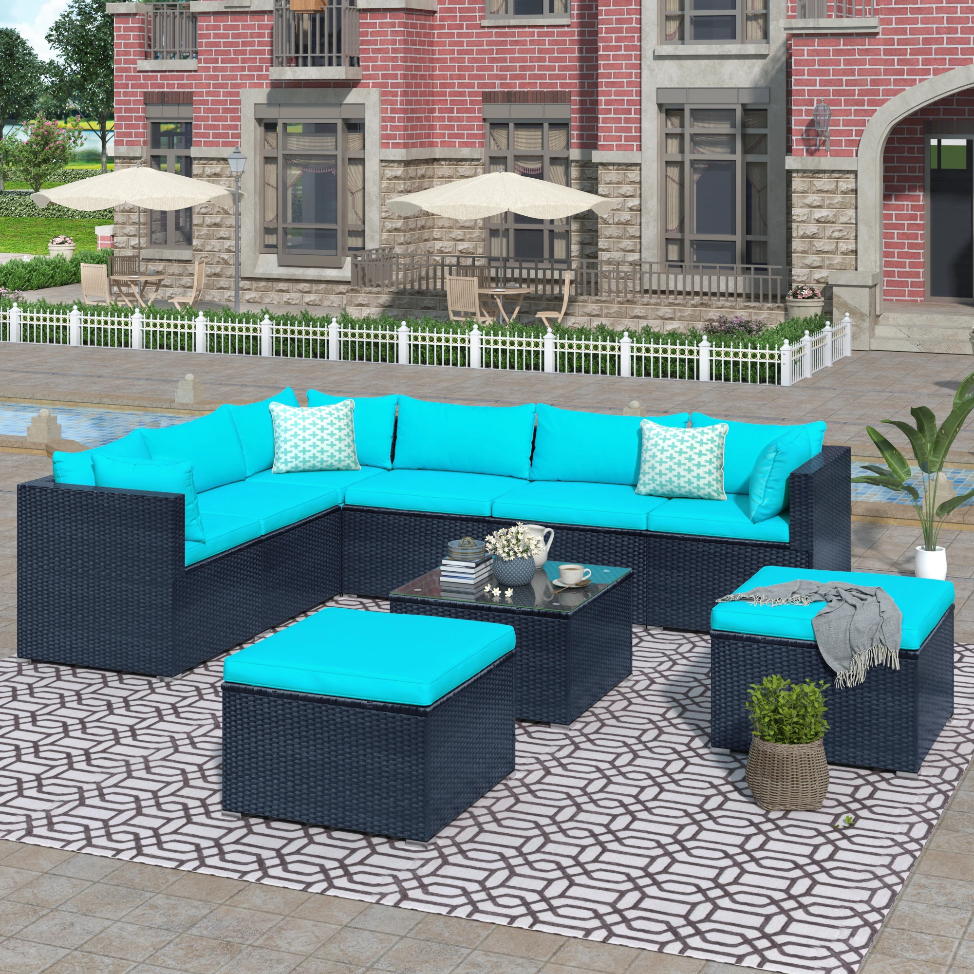 9-piece Outdoor Patio PE Wicker Rattan Conversation Sectional Sofa Sets with 3 Sofa, 3 Corner Sofa, 2 Ottomans, and 1 Table