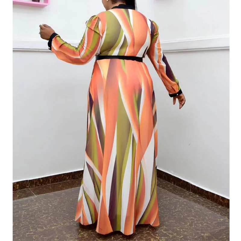 Spring Autumn Tie Dye Striped O-Neck Color Contrast Fashion Trend Sashes Long Sleeve Large Floor-Length Dresses Plus Size Female