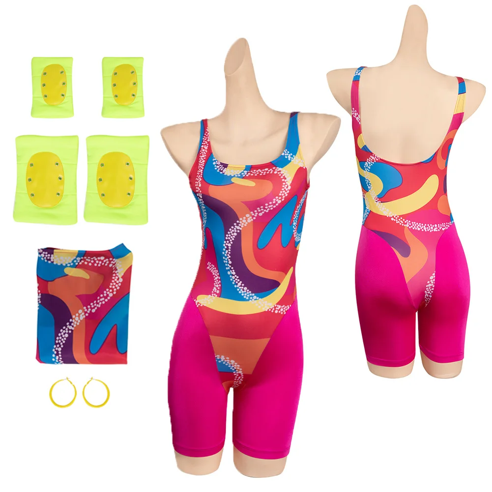 

Women Barbei Cosplay Costume Printed Jumpsuit Knee Pads Fancy Role Play Outfits Halloween Carnival Party Disguise Bodysuit