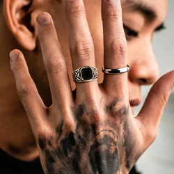 Vintage Punk Ethnic Men's Ring with Geometric Stone Design - 8 (RC-605S R-143S Set)