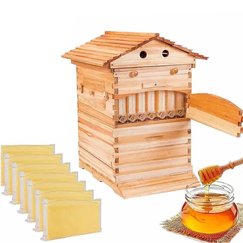 Chinese Wax Coated China Fir Automatic Self Flowing Honey Bee Hive 7 Auto Frames Apiculture