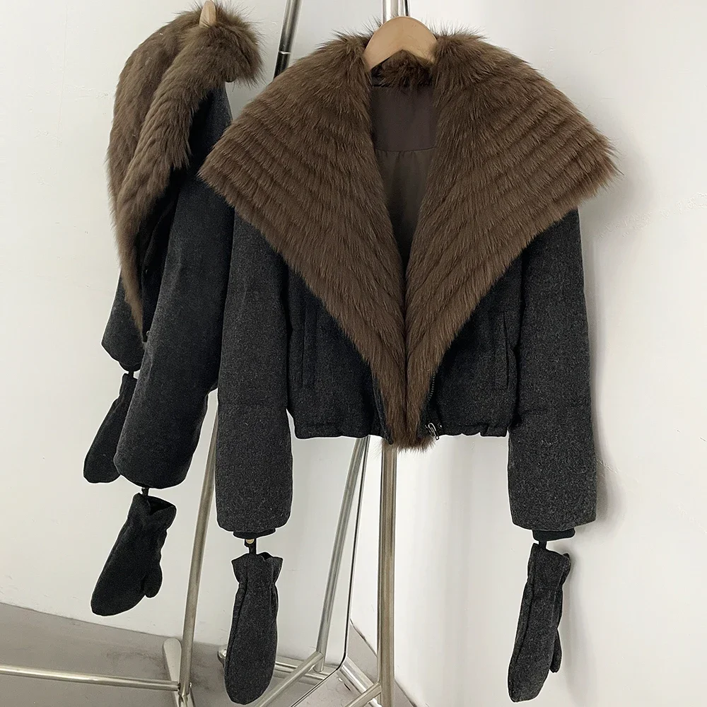 OFTBUY Duck Down Coat with Matching Gloves New Winter Warm Outerwear with Real Fox Fur Women Luxury Wool Blend Puffer Jacket