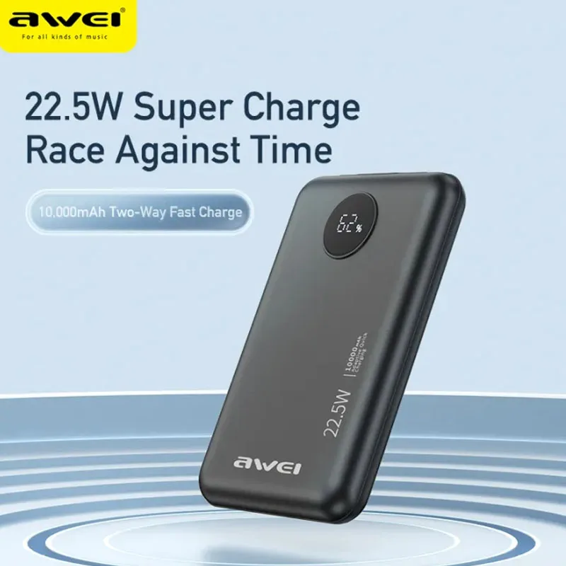 

Awei P120K Portable Power Bank 10000mAh USB Type C PD 22.5W Mini Powerbank with LED Screen QC 3.0 Fast Charger External Battery