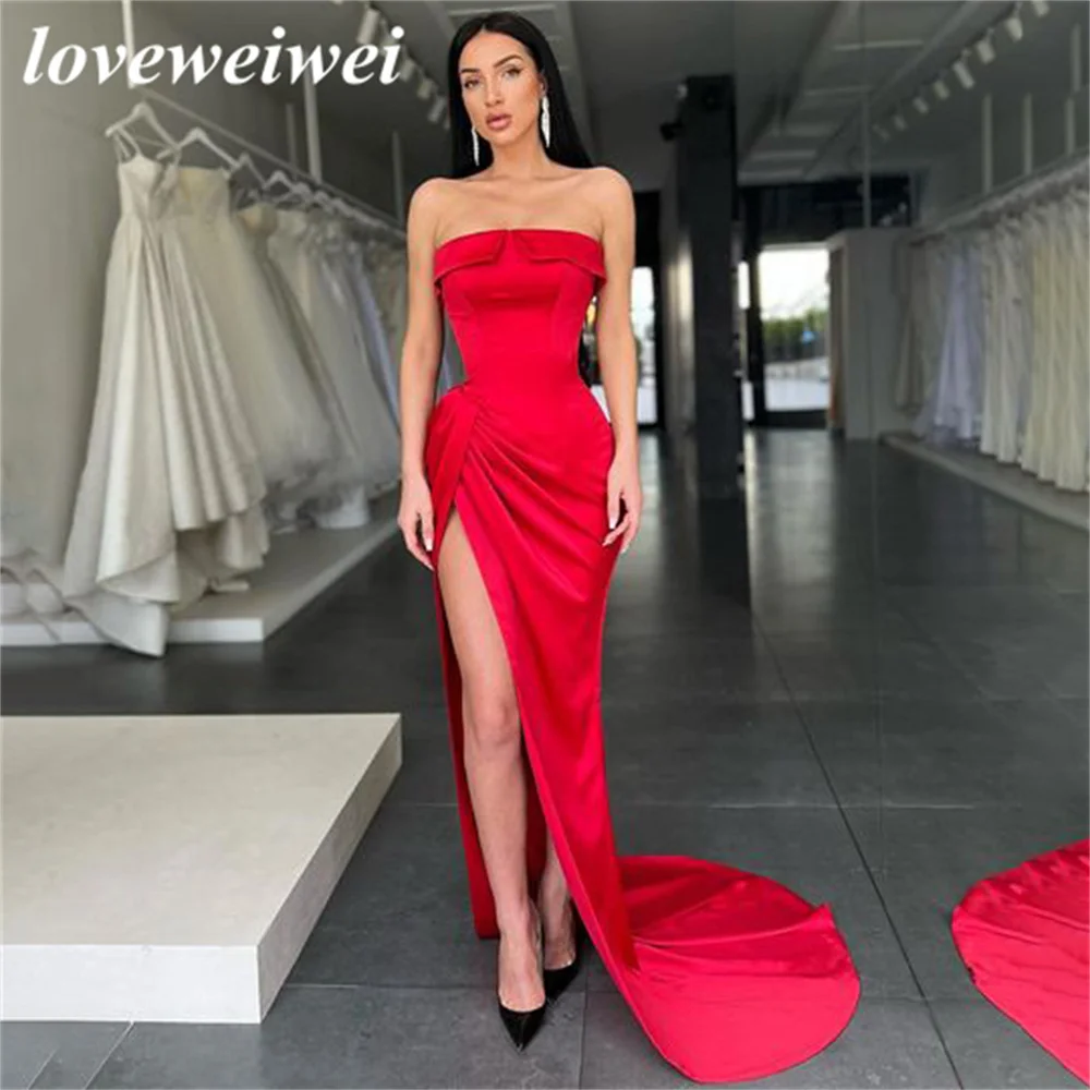 

Mermaid Sexy Evening Dress Red Sleeveless Prom Dresses Stain High Split Party Dress Pleat Celebrity Dress vestidos de fiesta