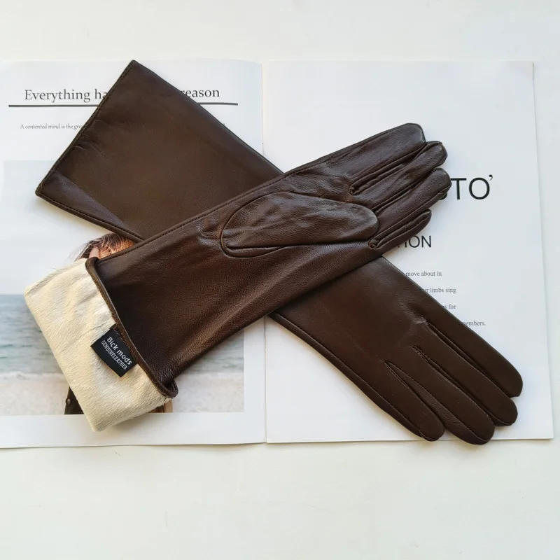 Neue lange Damen-Lammfellhandschuhe mit Plüschisolierung und winddichten Lederhandschuhen zum Autofahren – Detail 17