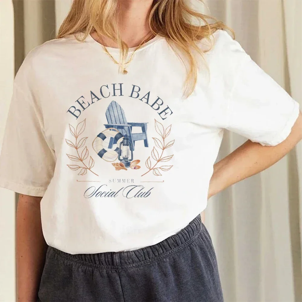 

Short Sleeved Top Cartoon Beach Babe Social Club Printed Women's Cute and Trendy Fun Pattern T-Shirt Printed Basic O-Neck T-Shir