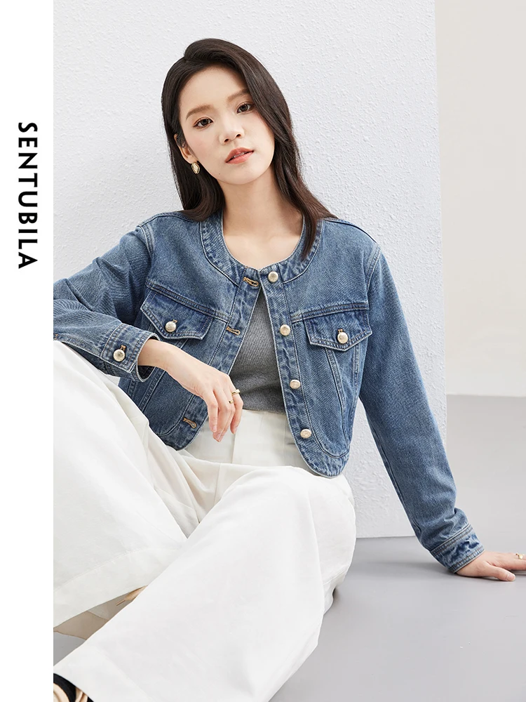 

SENTUBILA Comfort Round Neck Cotton 100% Cropped Denim Jacket 2024 Spring Single Breasted Short Washed Jeans Coat W41W53401