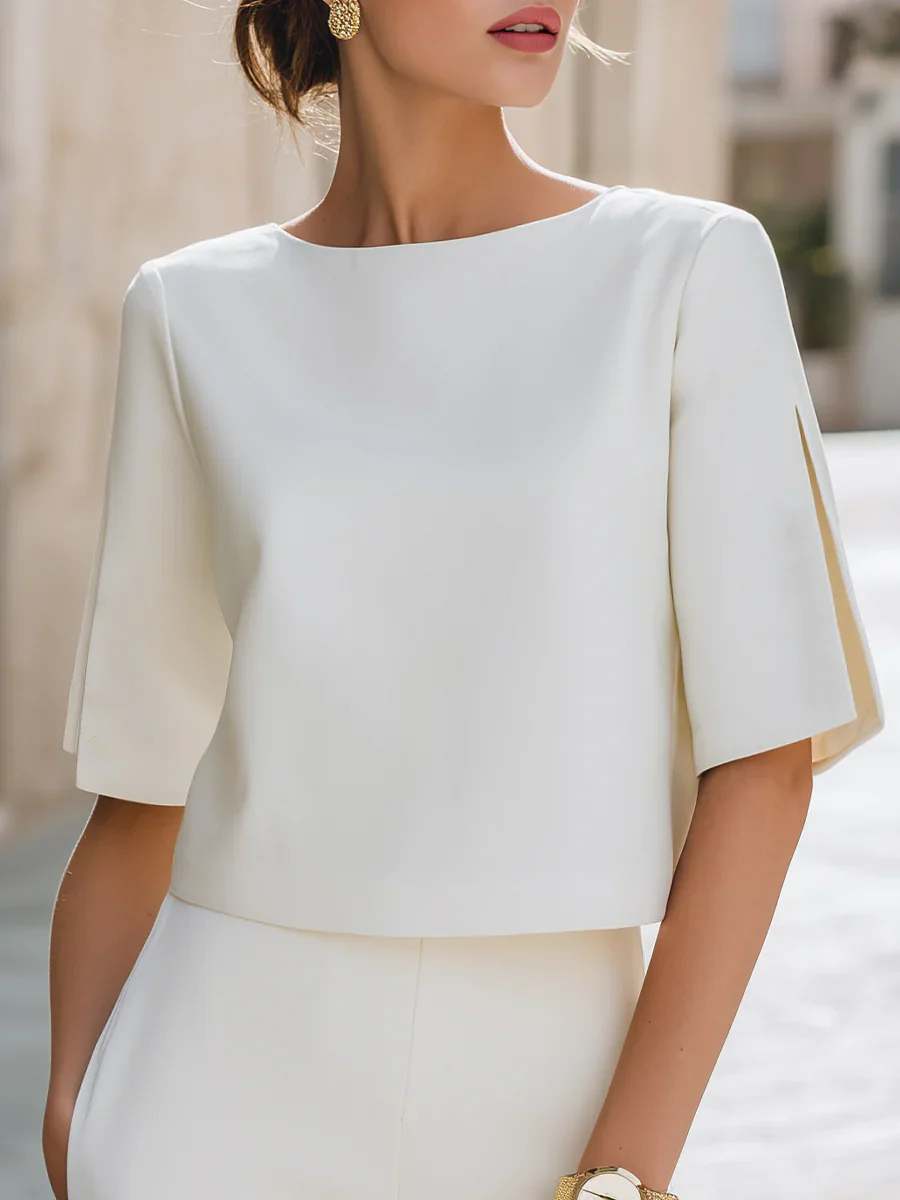 Damenbluse mit kurzen Ärmeln und geteilten Ärmeln, Rundhalsausschnitt, elegantes Büro-Outfit, lässiges Sommer-Mode-Shirt
