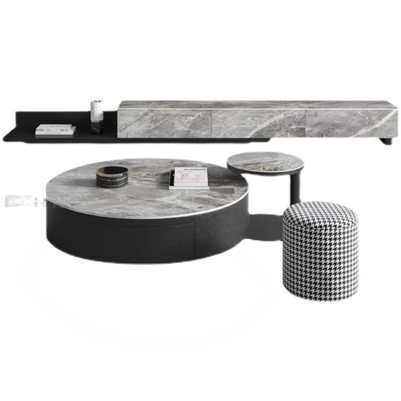 

Italian High-grade Gray Round Tea Table Rock Board Retractable Tv Cabinet Combination Living Room Storage Chest Of Drawers
