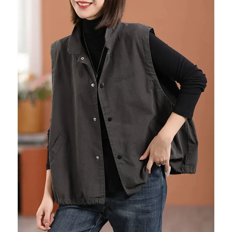 

Жилет Женский Повседневный из хлопка, свободная Всесезонная приталенная безрукавка с клипсой, короткий жакет с карманами, большие размеры, весна-осень