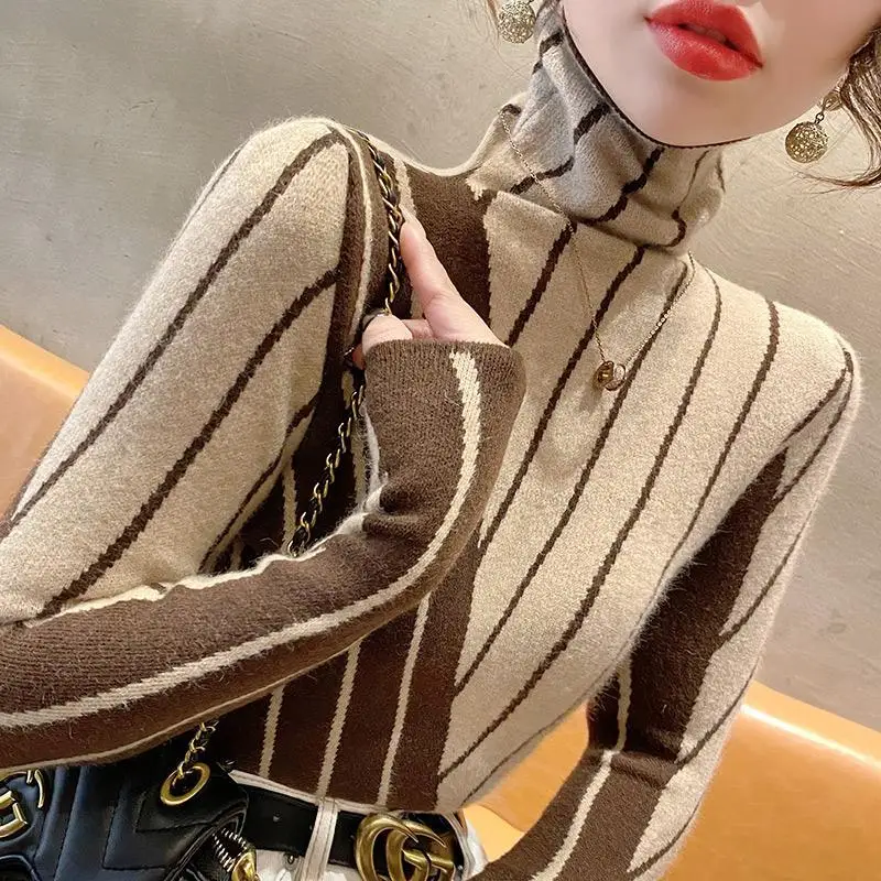 Women-s-Autumn-Winter-New-Fashion-Elegant-Stripe-High-Neck-Pullover ...