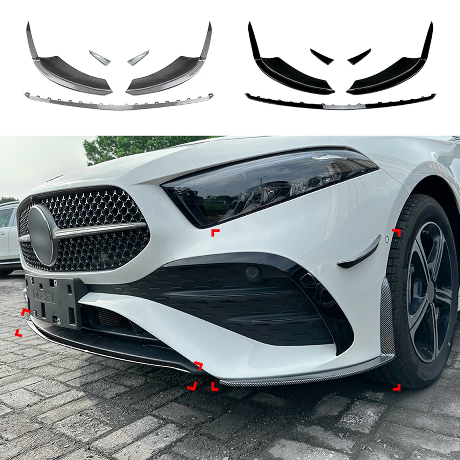 

For Mercedes Benz A Class W177 A180 A200 A35 AMG 2023-2024 Front Bumper Spoiler Lip+Side Air Vent Splitter Corner Cover Body Kit