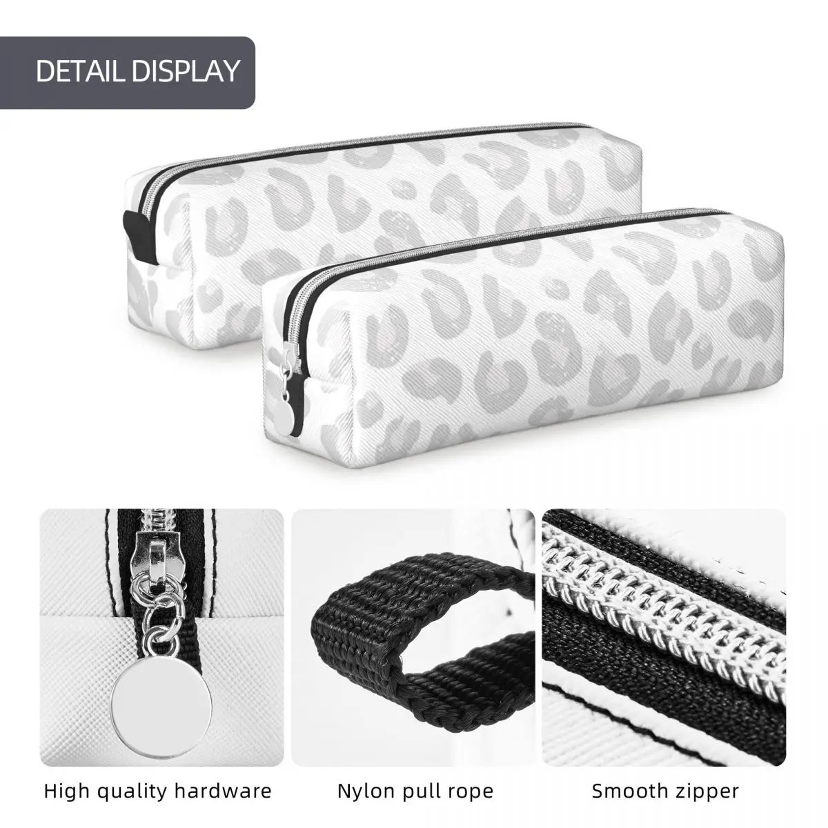 Leopard Print Pencil Case Classic Silver Gray and White Pen Bag Kids Big Capacity Students School Gift Pencil Box