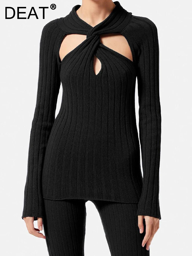 

Женский трикотажный пуловер DEAT, облегающий черный свитер с круглым вырезом и длинным рукавом, с вырезами, в полоску, на весну, 1DF2579, 2024