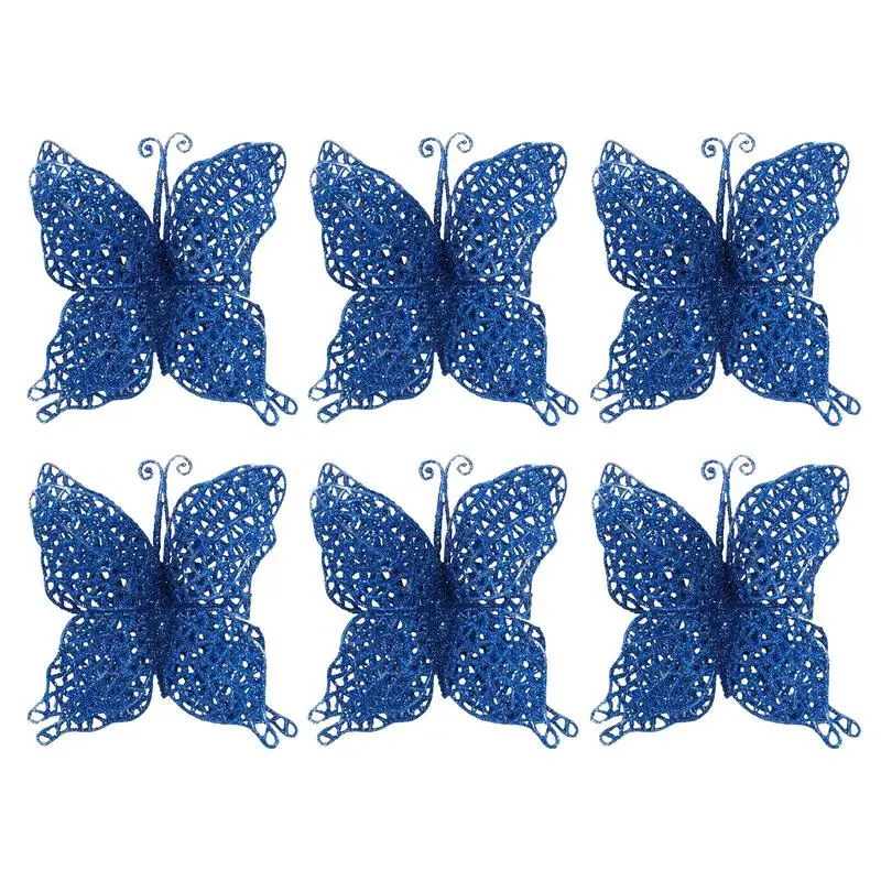 Glitter Butterfly Decoration 6PCS Hollow-Out Butterfly Ornaments With Clip Cute Artificial Craft For Christmas Tree