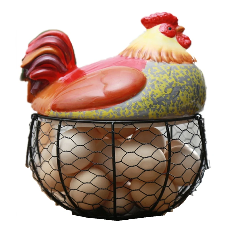 

Ceramic Egg Holder Chicken Wire Egg Basket Fruit Basket Collection Hen Ornaments Decoration Kitchen Storage 19CMX22CM(B)