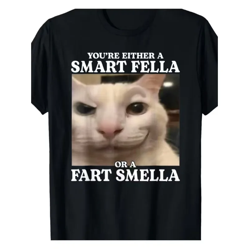 Herren T-Shirt You’re Either A Smart Fella or A Fart Smella Meme Cat Y2K Damen Baumwoll-T-Shirt Oversize Loose Short Sleeve Unisex Tops