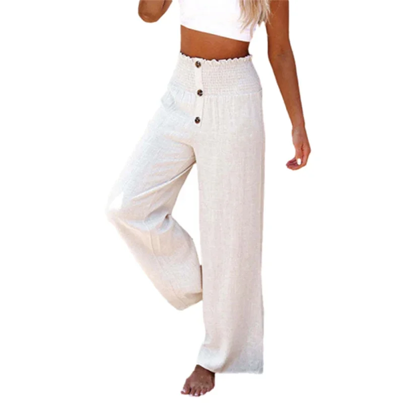 Women Three Buttons Decoration Cotton Linen Trousers Solid Color Comfortable Casual Commuter Elastic Waist Female Wide Leg Pants