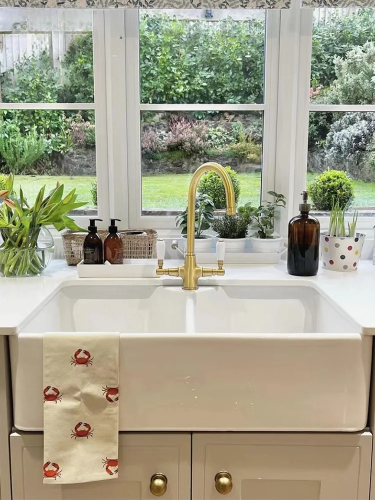 

American kitchen double-slot open kitchen semi-embedded ceramic sink large vegetable basin