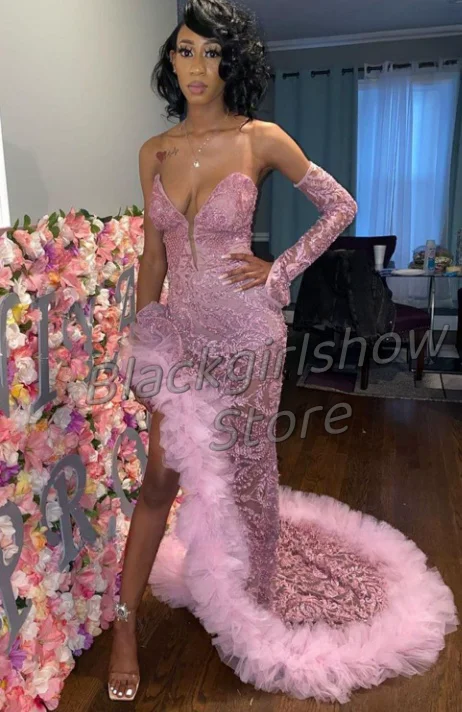 Peach Pink Long Evening Prom Dress For Black Girls Sparkling Crystal Diamond High Slit Feather Birthday Customised Dresses gala