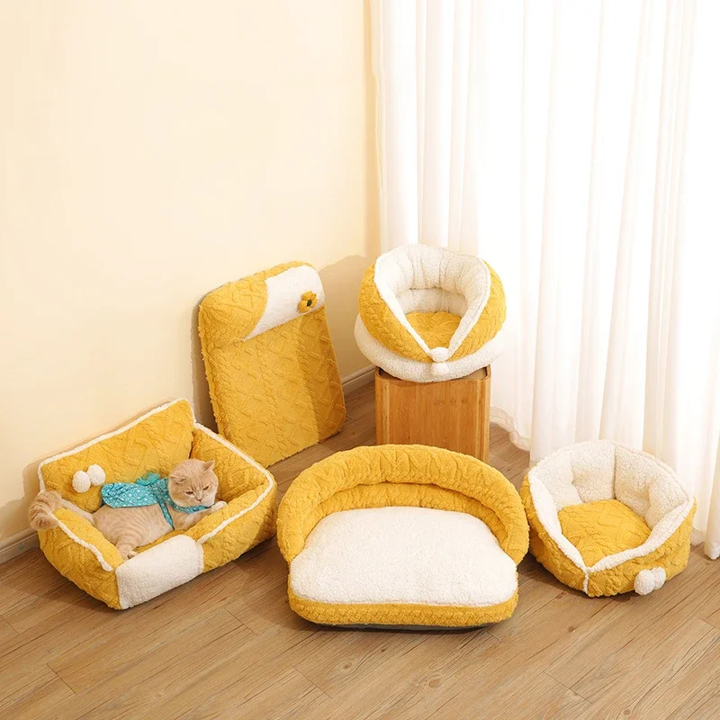 

Yellow Cat Bed Dog Pet Bed Kennel Non-Slip Winter Warm Thickness Small Dog Kennel Sleeping Removed Washed Soft Puppy Cushion