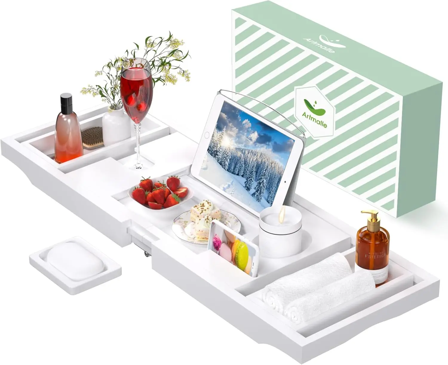 Expandable and Foldable Bath Tray for Tub, Luxury Bamboo Bath Caddy Tub Table, Bathtub Accessories with Book Holder and Free