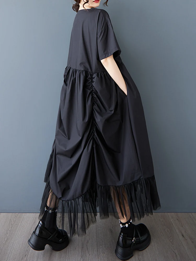 2025 Summer New Black Vintage Irregular Dresses For Women Fold Mesh Short Sleeves Loose Long Dress Elegant Fashion Clothing