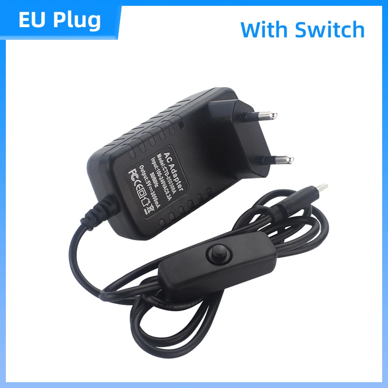 Universal Raspberry Pi Power Supply 5V 3A with USB Type C and Interchangeable Plugs