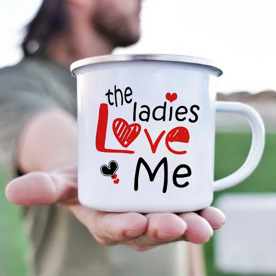

Креативные эмалированные кофейные кружки с надписью «Love Me» для дам, мужская дорожная чашка для кемпинга, пива, сока, воды, забавный подарок на День святого Валентина для парня