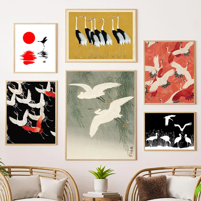 Yellow Birds Crane Print Japanese Oriental Art Prints Coastal Wall Art Canvas Painting Vintage Poster Wall Picture Home Decor