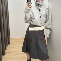 Pull à col roulé rayé gris pour femme, cardigan vintage, haut à manches longues, bouton en tricot, mode coréenne, automne, 2025 4